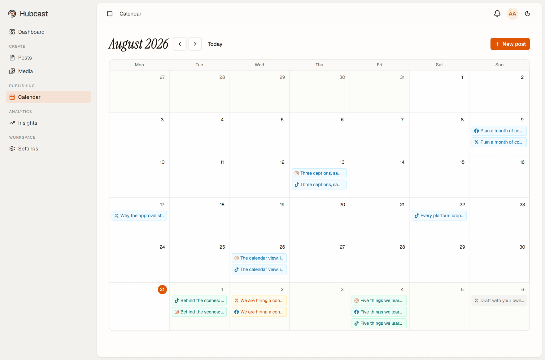 A month view in Hubcast with scheduled posts on TikTok, Instagram, Facebook and X, colour-coded by status.
