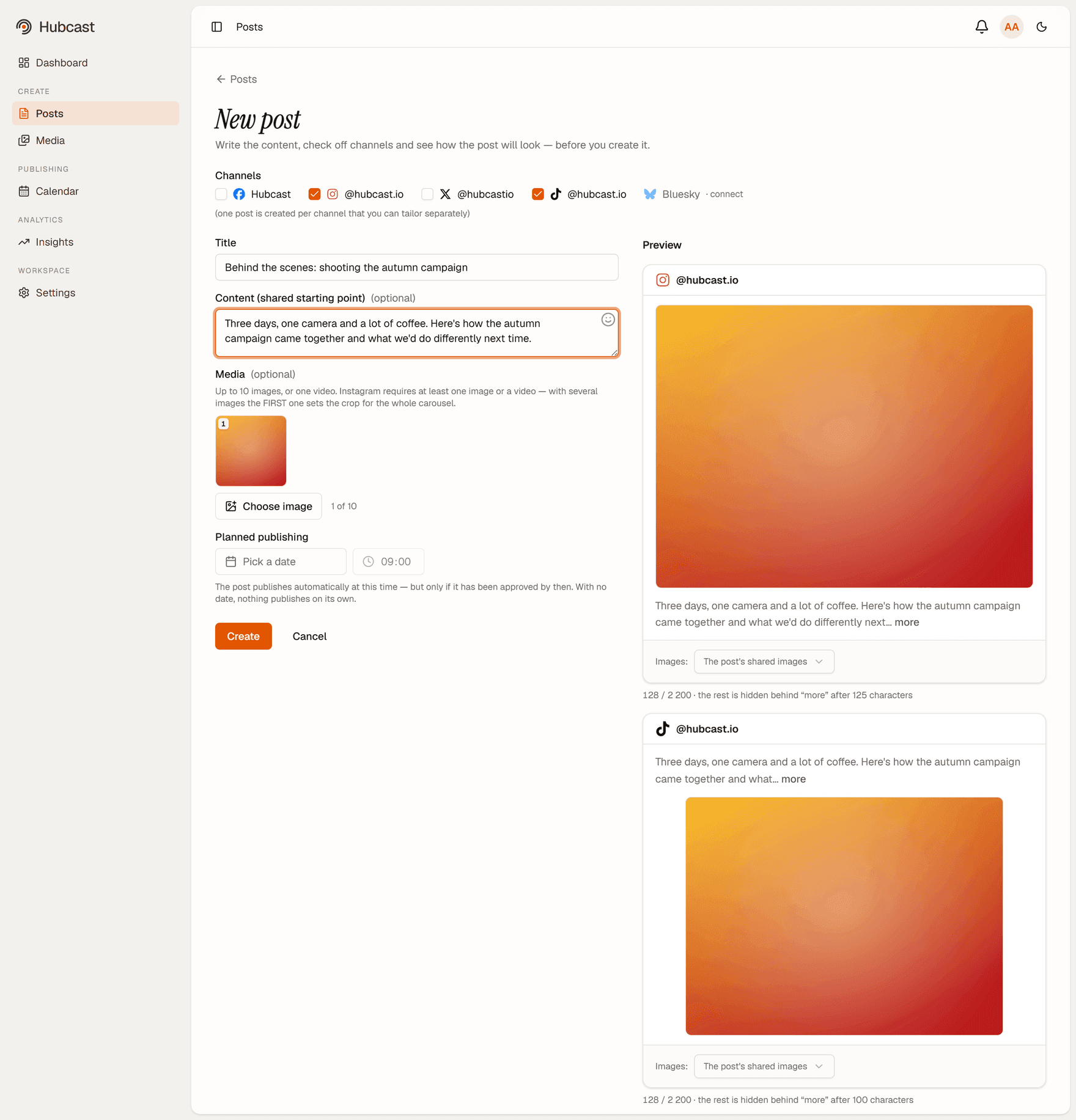 The Hubcast composer with TikTok and Instagram checked, showing the shared content field, media options and a planned publishing time.