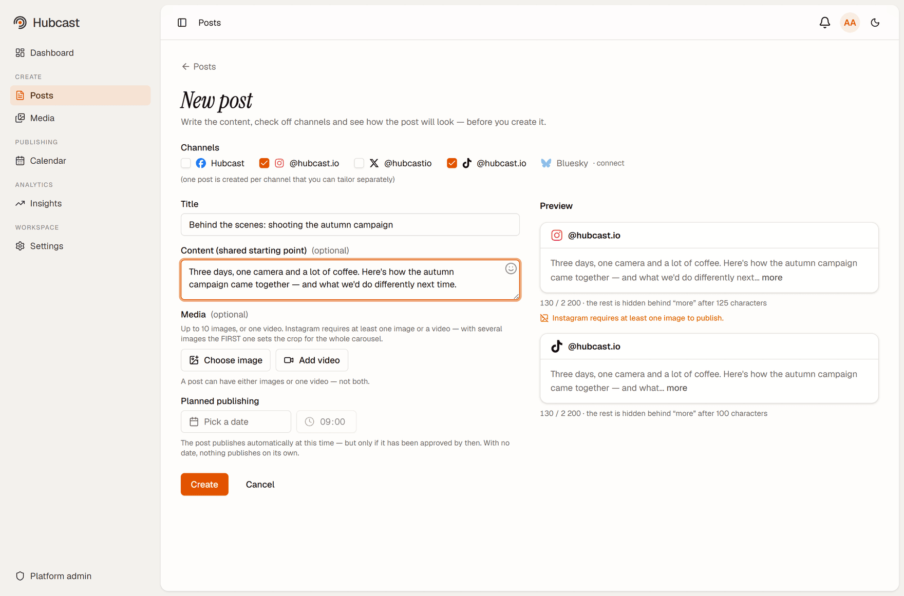 The Hubcast composer with TikTok checked as a destination, showing the shared content field, media options and planned publishing time.